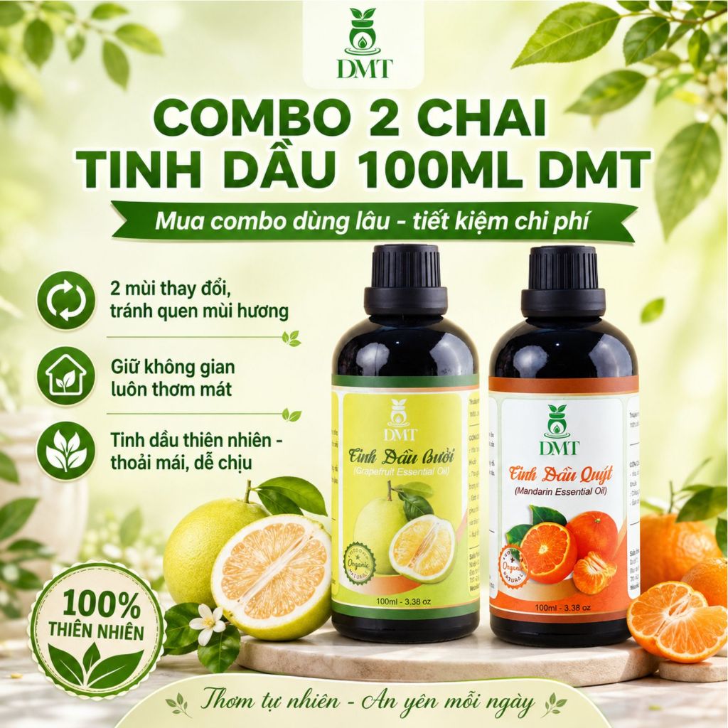Combo 2 chai Tinh dầu xông phòng DMT 100ml, tặng 2 khuếch tán gỗ, tinh dầu thiên nhiên nguyên chất