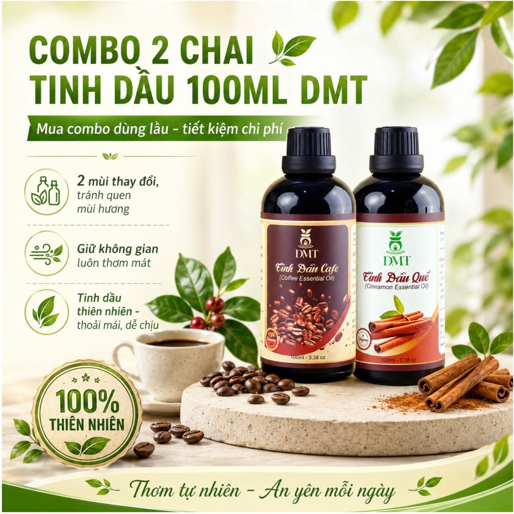 Combo 2 chai Tinh dầu xông phòng DMT 100ml, tặng 2 khuếch tán gỗ, tinh dầu thiên nhiên nguyên chất