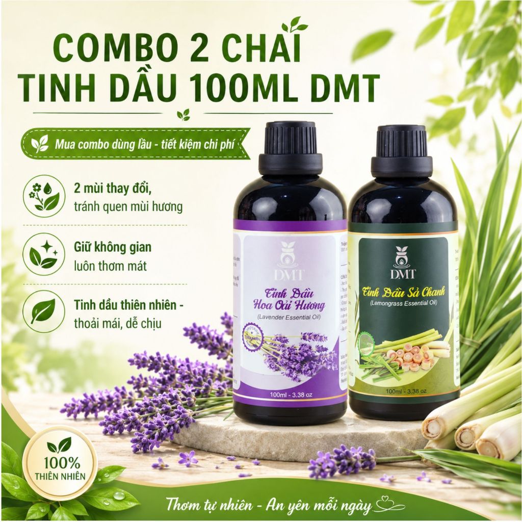 Combo 2 chai Tinh dầu xông phòng DMT 100ml, tặng 2 khuếch tán gỗ, tinh dầu thiên nhiên nguyên chất