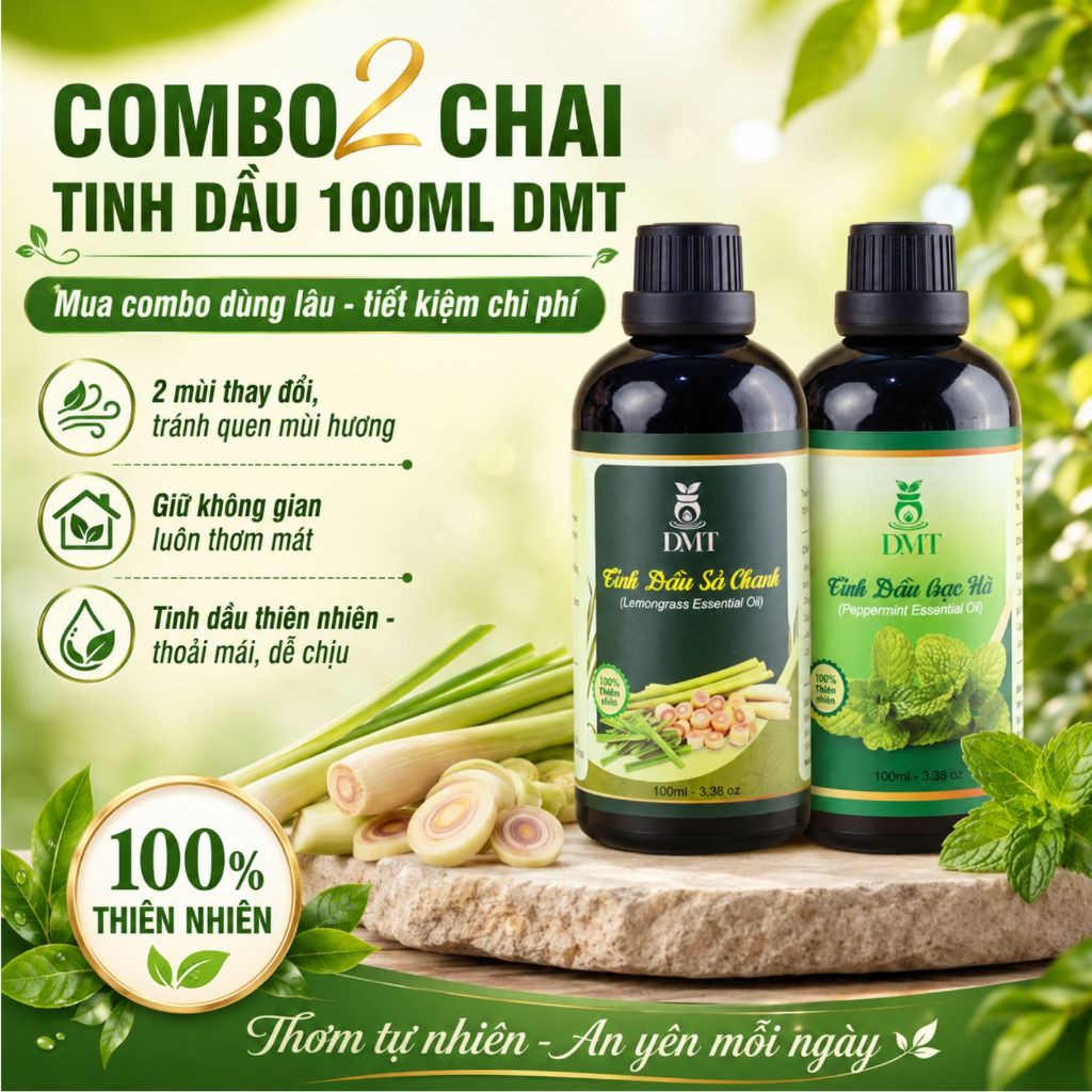 Combo 2 chai Tinh dầu xông phòng DMT 100ml, tặng 2 khuếch tán gỗ, tinh dầu thiên nhiên nguyên chất