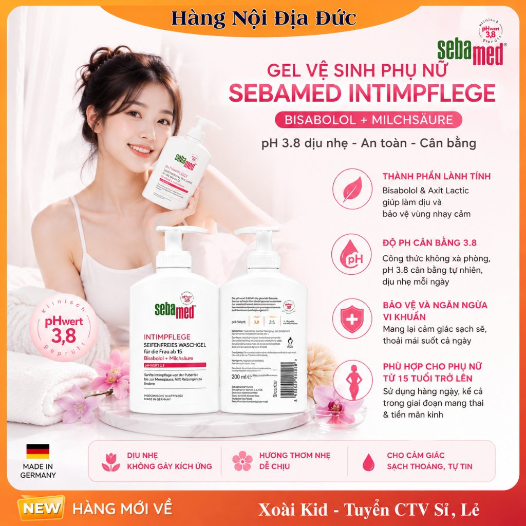 [Nội địa Đức ] Dung dịch vệ sinh phụ nữ SEBAMED pH3.8 200ml làm sạch nhẹ nhàng an toàn cho cả mẹ bầu và mẹ sau sinh