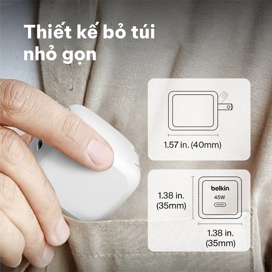 Củ Sạc Nhanh Belkin 45W USB-C PD 3.0 PPS GaN - Hàng Chính Hãng