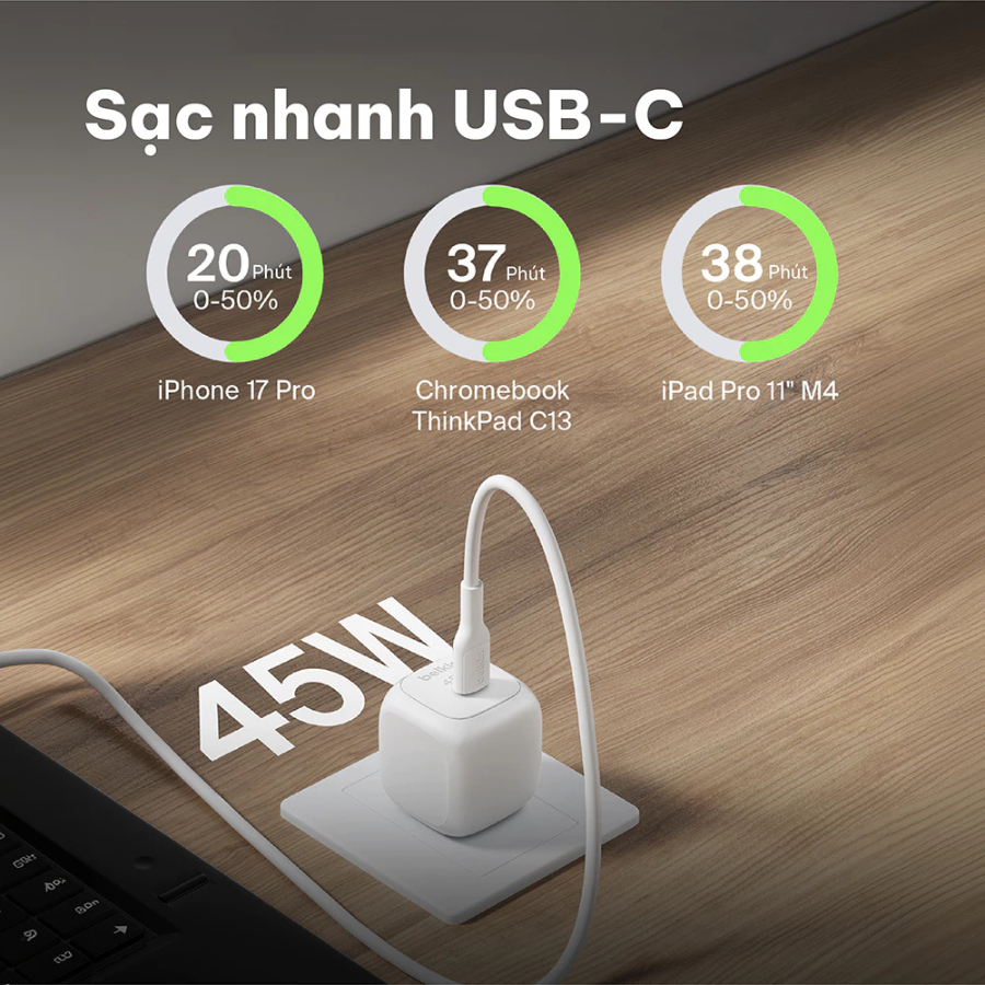 Củ Sạc Nhanh Belkin 45W USB-C PD 3.0 PPS GaN - Hàng Chính Hãng