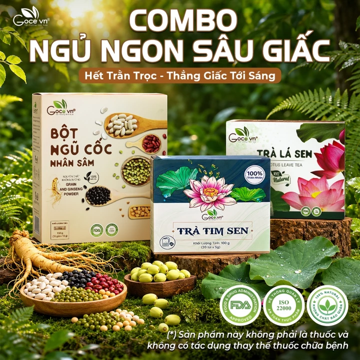 Combo Ngủ Ngon Goce (1 Hộp Bột Ngũ Cốc Nhân Sâm 150g + 1 Hộp Trà Tim Sen 100g + 1 Hộp Trà Lá Sen 40g)