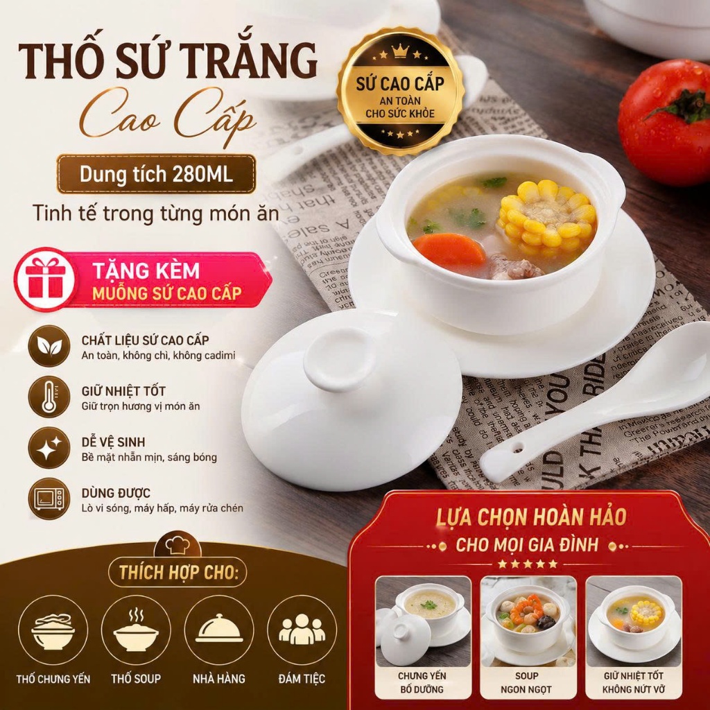 (Tặng Muỗng Sứ) Bộ Thố Chưng Yến, Đựng Súp, Cháo Em Bé... Cao Cấp thể tích 280ML