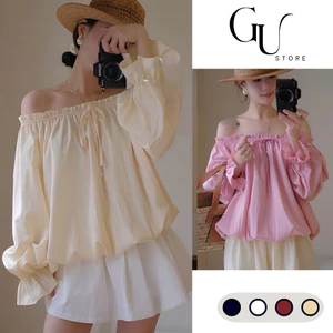 Áo Kiểu Trễ Vai Tay Dài VIền Bèo Thắt Nơ Ngực, Áo Babydoll Nữ Tay Bồng 2 Lớp Dáng Bí Tiểu Thư Sang Chảnh Gu Store