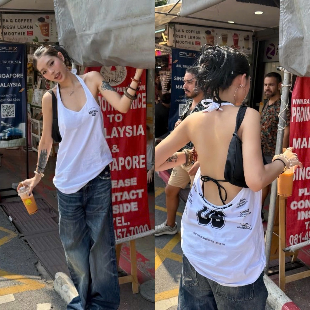 (sẵn trà sữa)Áo sát nách form tank top hở lưng hoạ tiết chữ đơn giản màu trắng xanh tiffany và trà sữa ASN097 - TikTik