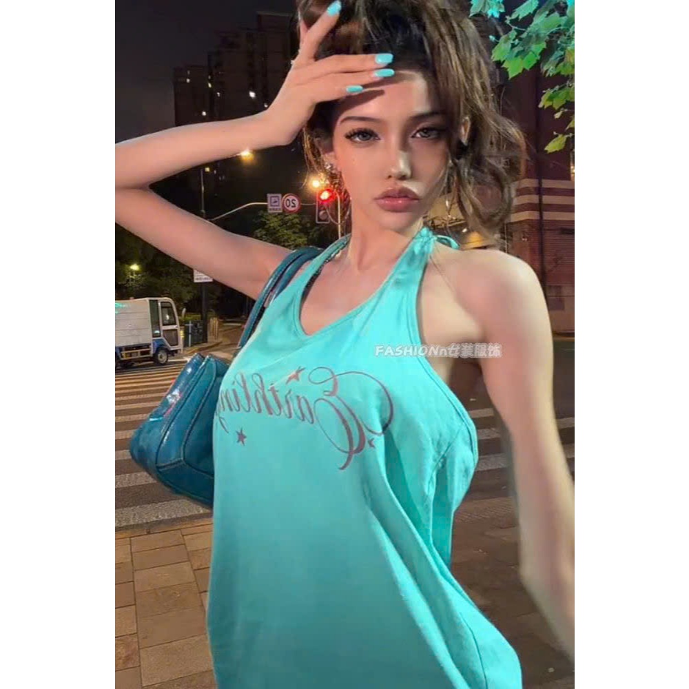 (sẵn trà sữa)Áo sát nách form tank top hở lưng hoạ tiết chữ đơn giản màu trắng xanh tiffany và trà sữa ASN097 - TikTik