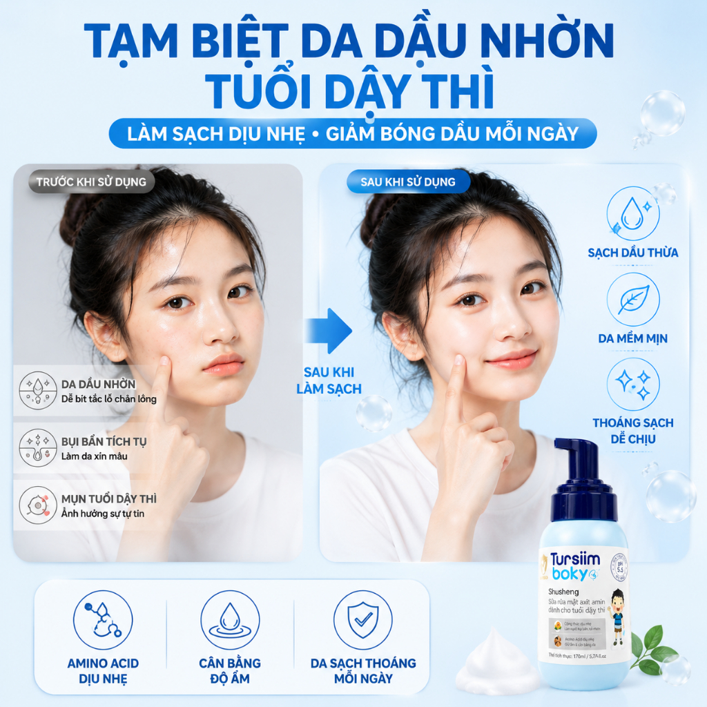 Bọt rửa mặt tuổi dậy thì 170ml – Chứa Amino Acid, làm sạch dịu nhẹ, giảm dầu nhờn, da mềm mịn