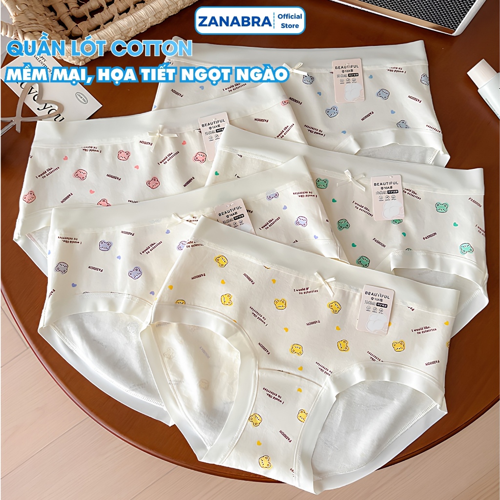 [Hàng Mới Về] Quần lót nữ cotton viền su co giãn thoáng khí, Quần chip nữ màu pastel họa tiết gấu cute ZANABRA L6408