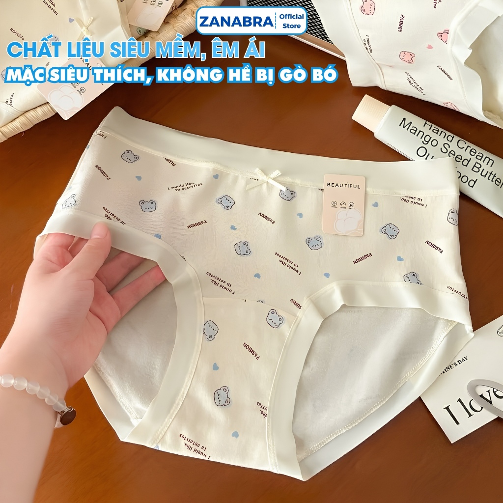 [Hàng Mới Về] Quần lót nữ cotton viền su co giãn thoáng khí, Quần chip nữ màu pastel họa tiết gấu cute ZANABRA L6408