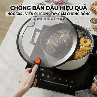 Lưới Chắn Dầu Inox 304 Viền Silicon Đa Năng - Chống Bắn Dầu, Rửa Rau, Lọc Nước, Tay Cầm Cam Chống Bỏng
