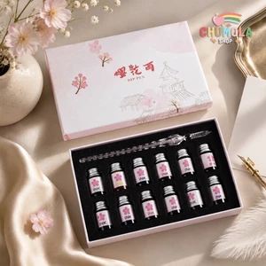 BỘ BÚT THỦY TINH TAM SINH TAM THẾ - Set Dụng Cụ Học Tiếng Trung Hoa Đào Luyện Chữ Kèm 12 Lọ Mực