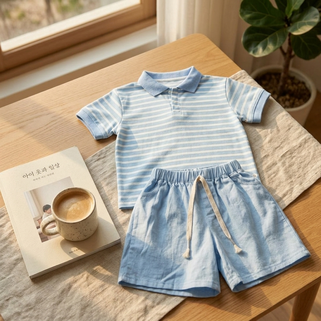 Bộ Polo Bé Trai Sọc Ngang Xanh Trắng (8-30kg), Set Đồ Hè Cho Bé Chất Thun Cotton Có Cổ Mix Quần Short Dây Rút Vintage