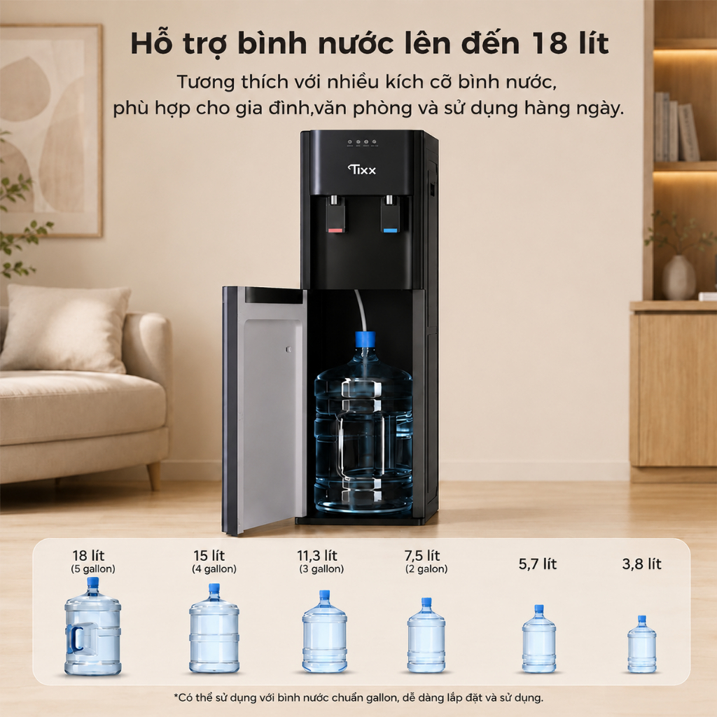 TIXX Cây nước nóng lạnh 500W Máy lọc nước nóng lạnh nạp đáy Hàng chính hãng Ấn nhẹ lấy nước
