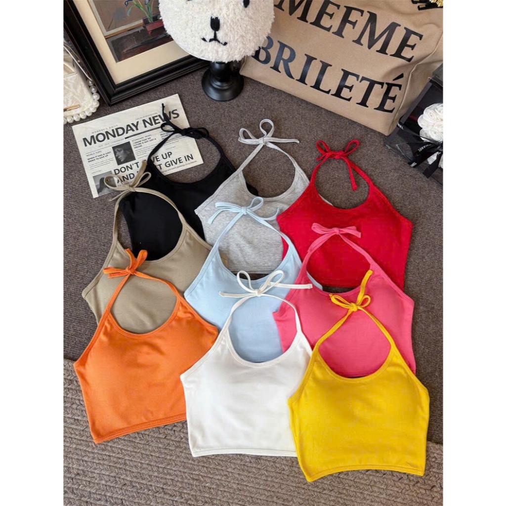 Áo bra QC crop thun trơn dây cột cổ