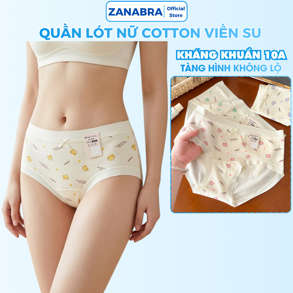 [Hàng Mới Về] Quần lót nữ cotton viền su co giãn thoáng khí, Quần chip nữ màu pastel họa tiết gấu cute ZANABRA L6408