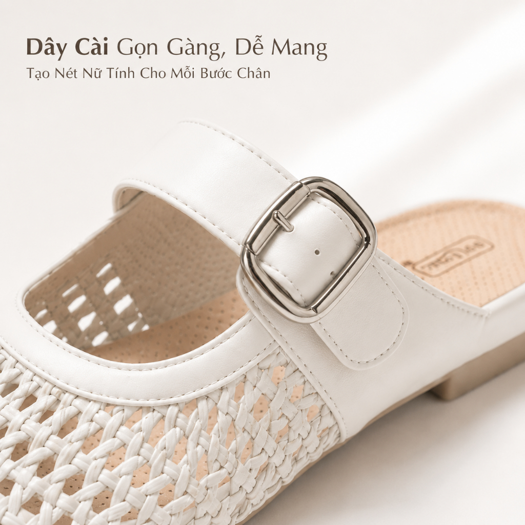 IKUNKA Giày Mule Nữ Đan Lát Bít Mũi Quai Khóa Dép Sục Nữ Đế Thấp Thoáng Khí Êm Nhẹ Phối Váy Xinh