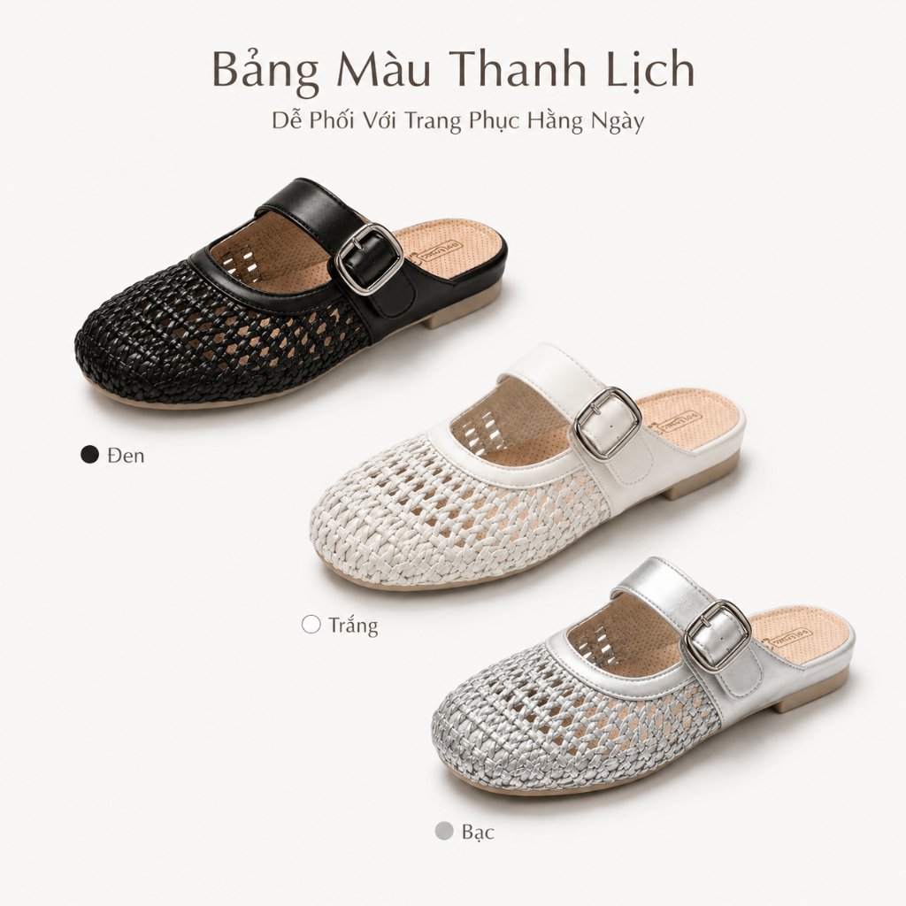 IKUNKA Giày Mule Nữ Đan Lát Bít Mũi Quai Khóa Dép Sục Nữ Đế Thấp Thoáng Khí Êm Nhẹ Phối Váy Xinh