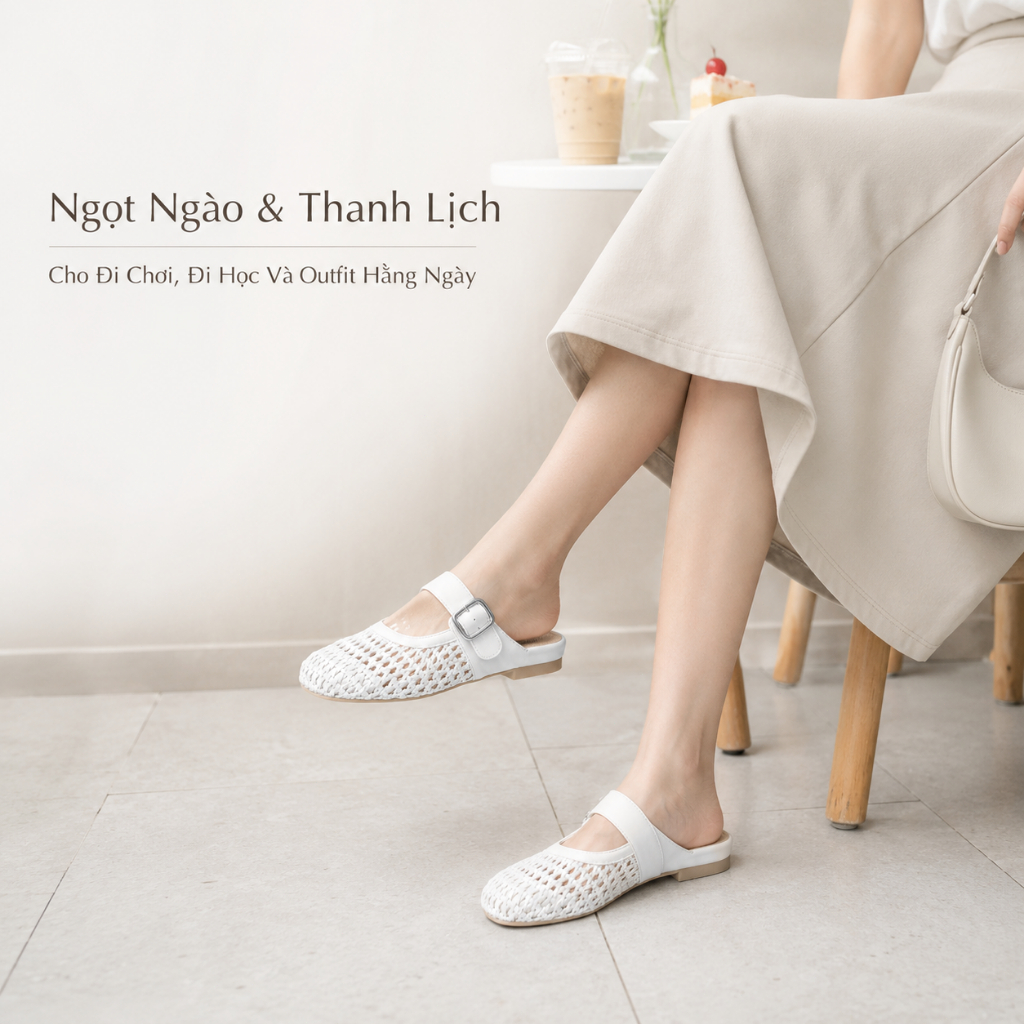 IKUNKA Giày Mule Nữ Đan Lát Bít Mũi Quai Khóa Dép Sục Nữ Đế Thấp Thoáng Khí Êm Nhẹ Phối Váy Xinh