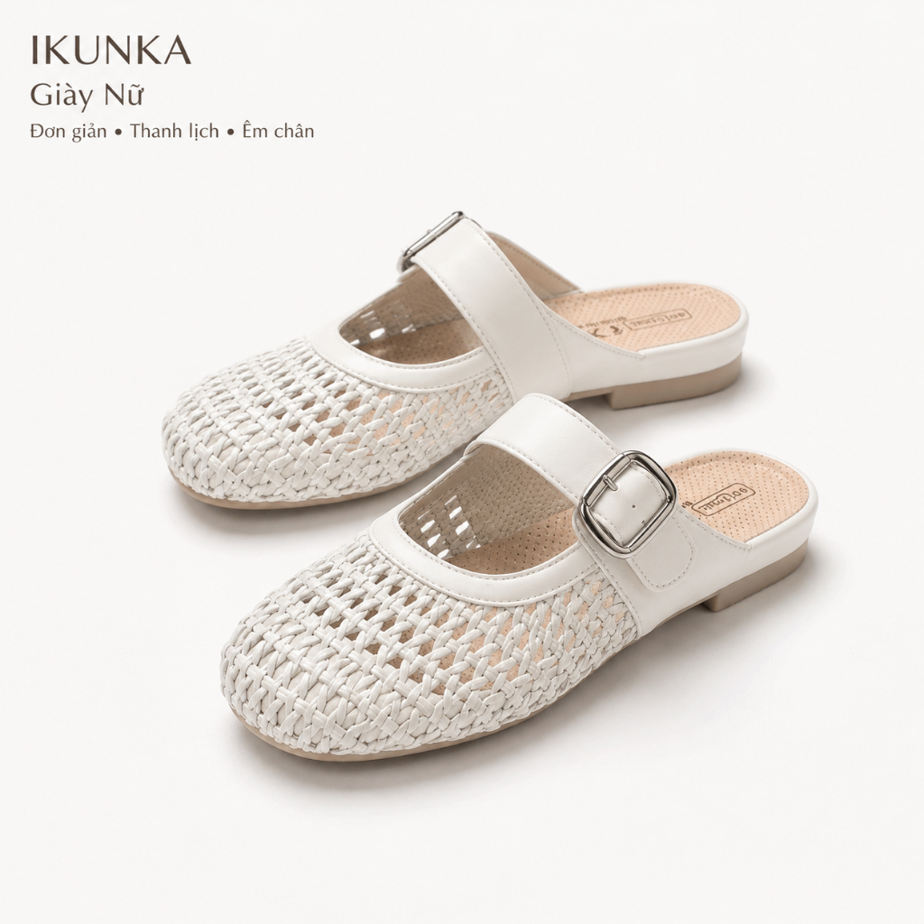 IKUNKA Giày Mule Nữ Đan Lát Bít Mũi Quai Khóa Dép Sục Nữ Đế Thấp Thoáng Khí Êm Nhẹ Phối Váy Xinh
