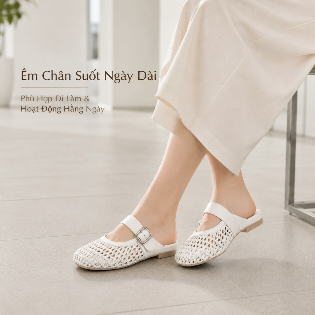 IKUNKA Giày Mule Nữ Đan Lát Bít Mũi Quai Khóa Dép Sục Nữ Đế Thấp Thoáng Khí Êm Nhẹ Phối Váy Xinh