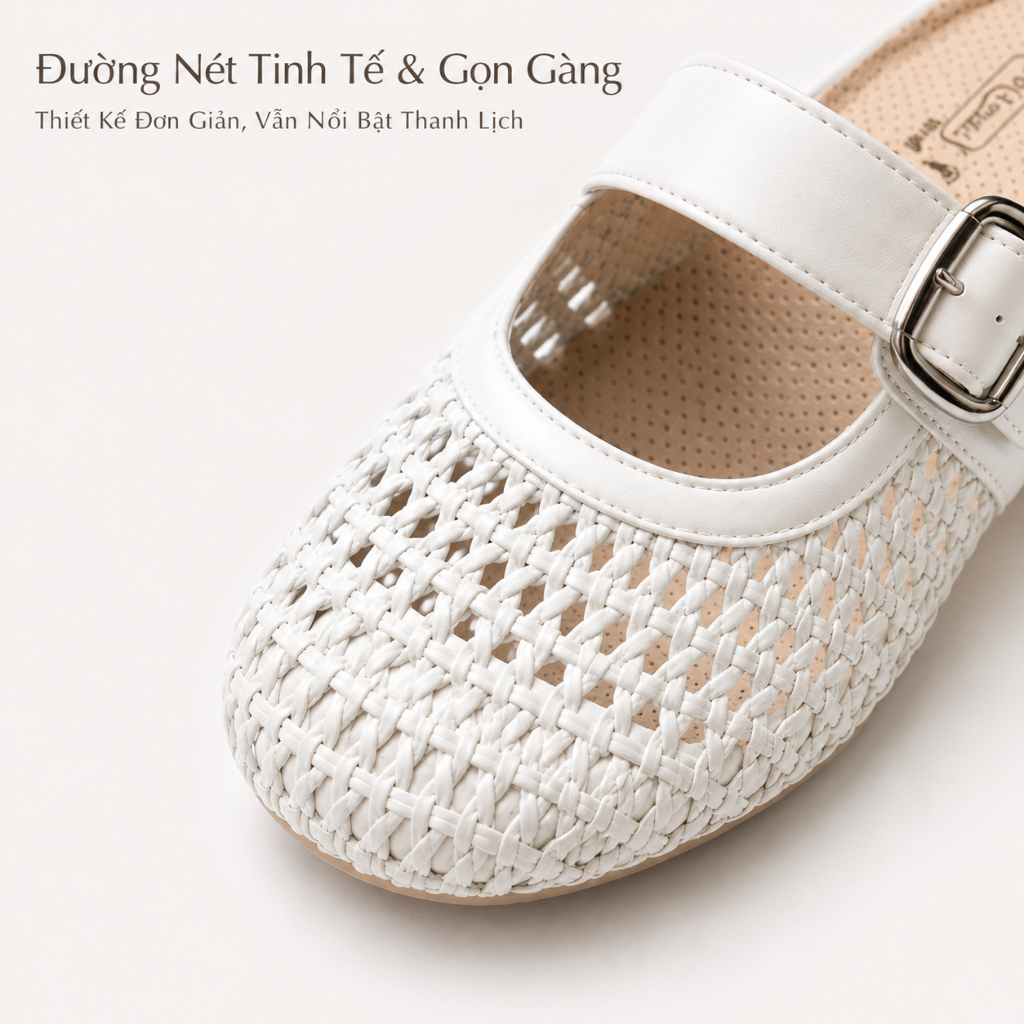IKUNKA Giày Mule Nữ Đan Lát Bít Mũi Quai Khóa Dép Sục Nữ Đế Thấp Thoáng Khí Êm Nhẹ Phối Váy Xinh