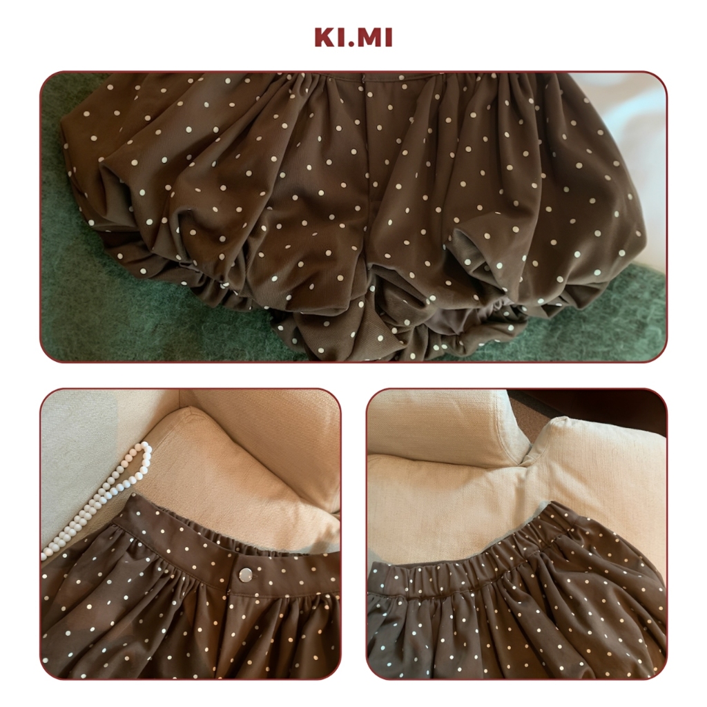 [MỞ BÁN] Set Bộ Nữ Áo Màu Nâu Phối Cổ Vai Tay Thô Ren Dây Nơ Mix Quần Bí Chấm Bi