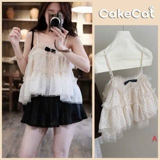 Áo 2 Dây Nữ Voan Lưới Chấm Bi Xếp Tầng Fairy Cami Thắt Nơ Ngực Nàng Thơ Xinh Xắn - Cakecat