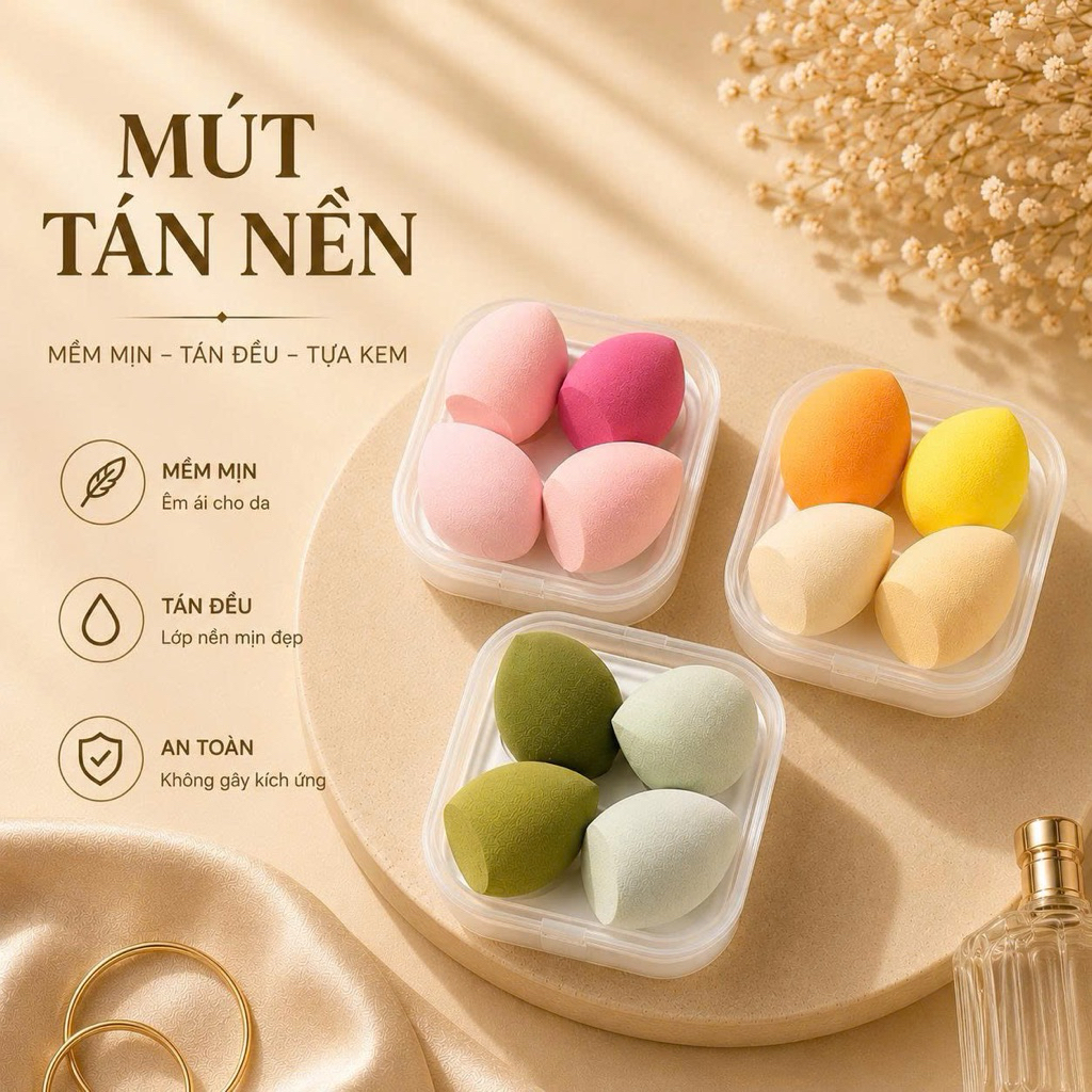 Mút Tán Nền Hộp 4 Miếng - Mút Trang Điểm Siêu Mềm, Tán Kem Nền Không Ăn Phấn NB11