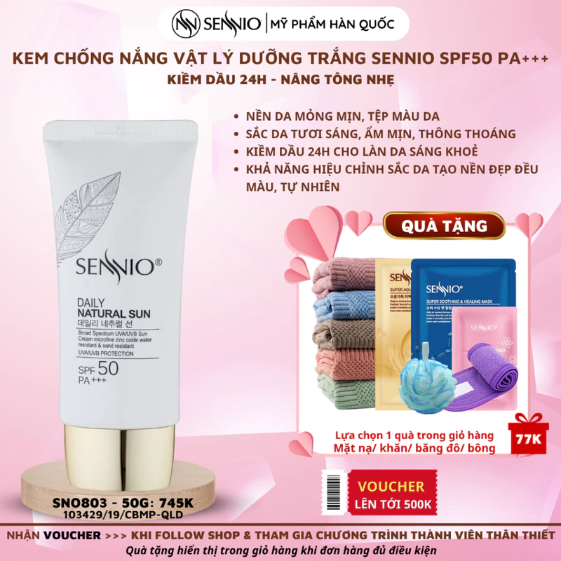 Kem chống nắng vật lý kiềm dầu 24h SPF50 PA+++ dưỡng trắng da, giảm thâm mụn - sạm nám Sennio 50g Daily Natural Cream — ảnh 1