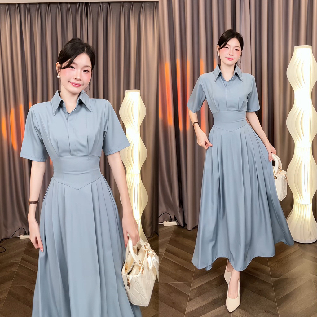 [Đ.23-D] Đầm Sơmi Cổ V Tay Ngắn Chéo Hàn Dáng Dài Women Top Dress (Bo Chun Lưng - Có Túi) | Tũm Clothing | BigBuy360 - bigbuy360.vn