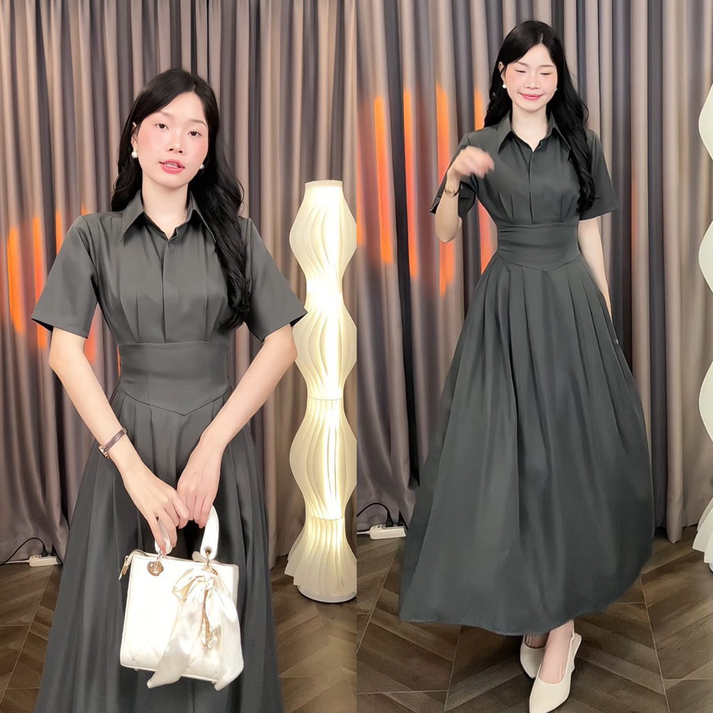 [Đ.23-D] Đầm Sơmi Cổ V Tay Ngắn Chéo Hàn Dáng Dài Women Top Dress (Bo Chun Lưng - Có Túi) | Tũm Clothing | BigBuy360 - bigbuy360.vn