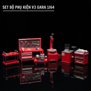 [SET Combo] V3 Phụ Kiện Gara Mô Hình Xe 1/64-Phụ Kiện Bàn Tools Sửa Chữa-máy nén khí-cân lốp-kệ-máy làm lốp Diorama Gara