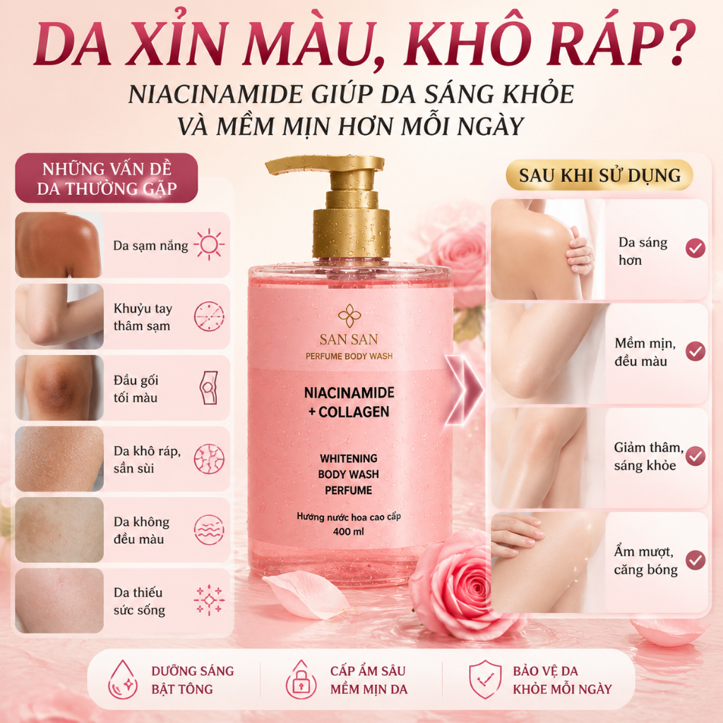 Sữa Tắm Hương Nước Hoa San San 400ml Lưu Hương 8-12H Dưỡng Trắng Da Niacinamide Collagen Da Mềm Mịn Thơm Lâu Cho Nữ
