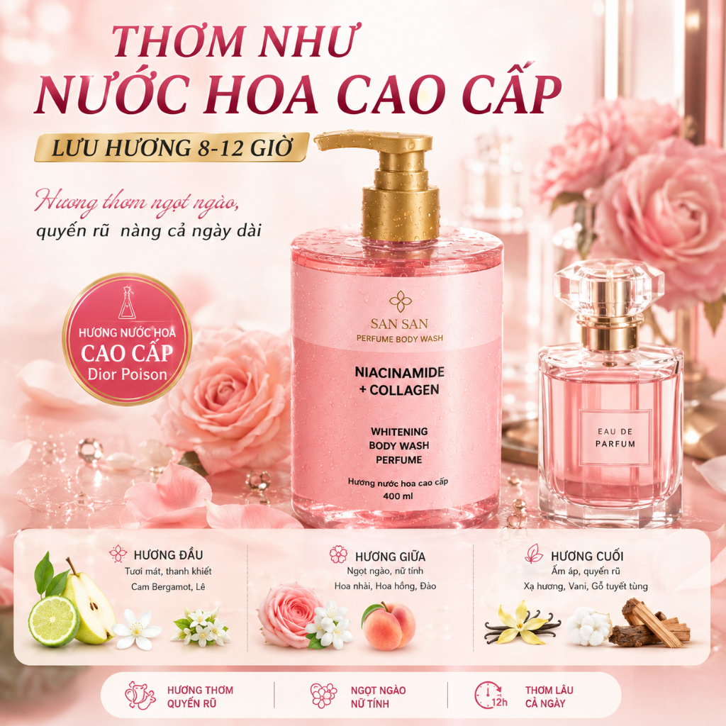 Sữa Tắm Hương Nước Hoa San San 400ml Lưu Hương 8-12H Dưỡng Trắng Da Niacinamide Collagen Da Mềm Mịn Thơm Lâu Cho Nữ
