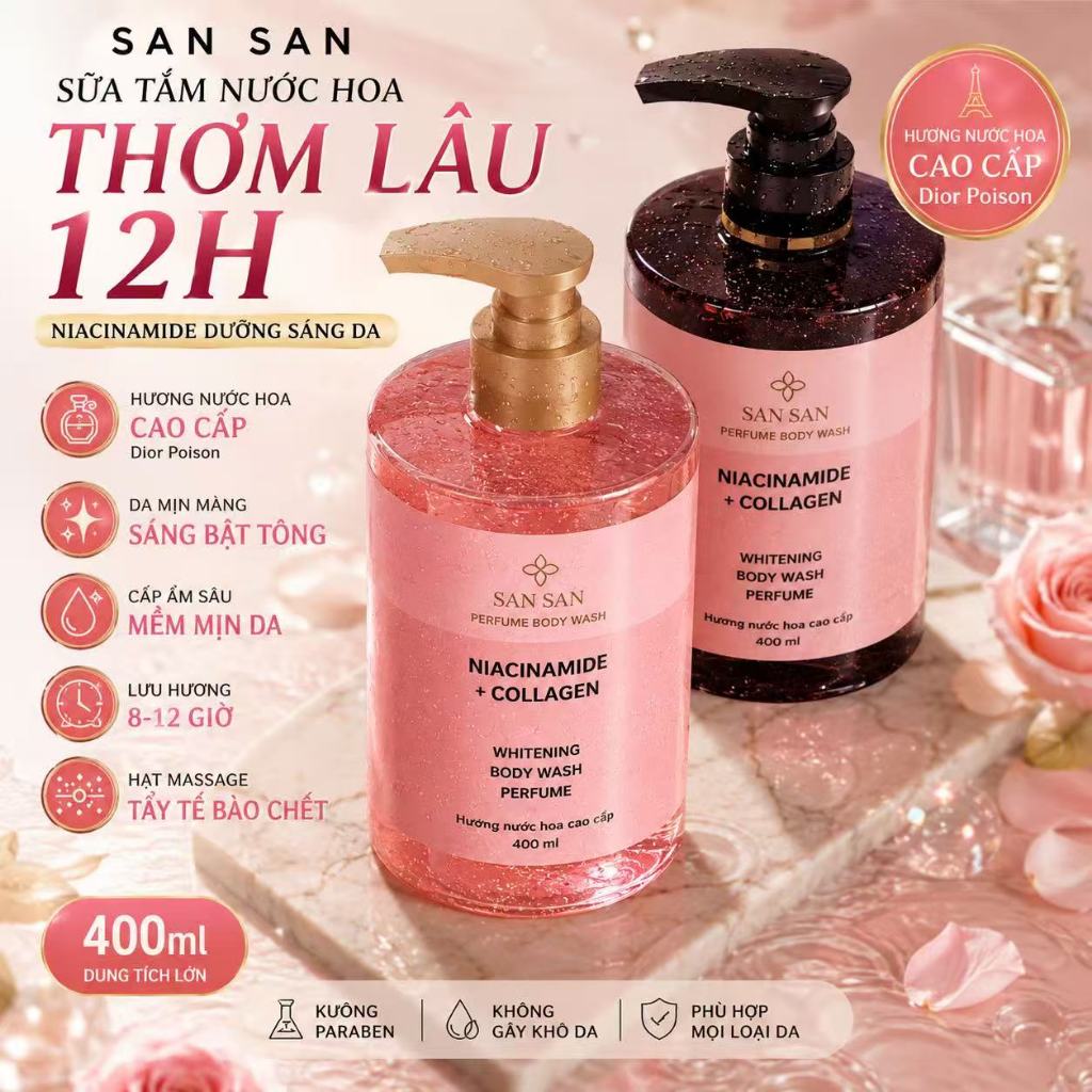 Sữa Tắm Hương Nước Hoa San San 400ml Lưu Hương 8-12H Dưỡng Trắng Da Niacinamide Collagen Da Mềm Mịn Thơm Lâu Cho Nữ