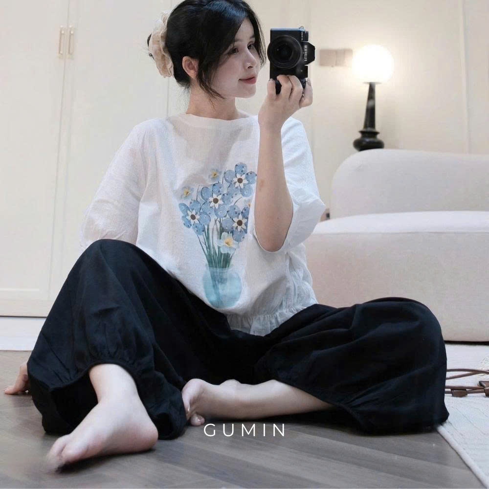 Set bộ nữ hoa xanh GUMIN thiết kế áo thun in hoa viền bèo phối quần bom rộng sang chảnh, Bộ đồ nữ mặc nhà vịntage