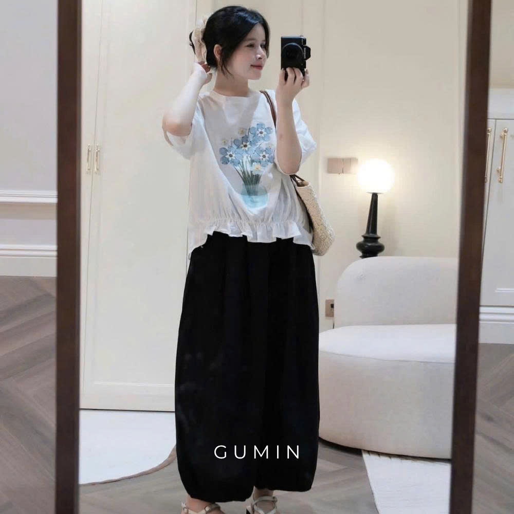 Set bộ nữ hoa xanh GUMIN thiết kế áo thun in hoa viền bèo phối quần bom rộng sang chảnh, Bộ đồ nữ mặc nhà vịntage