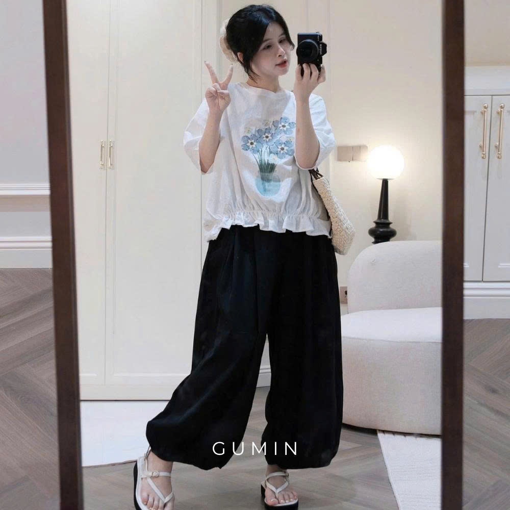 Set bộ nữ hoa xanh GUMIN thiết kế áo thun in hoa viền bèo phối quần bom rộng sang chảnh, Bộ đồ nữ mặc nhà vịntage