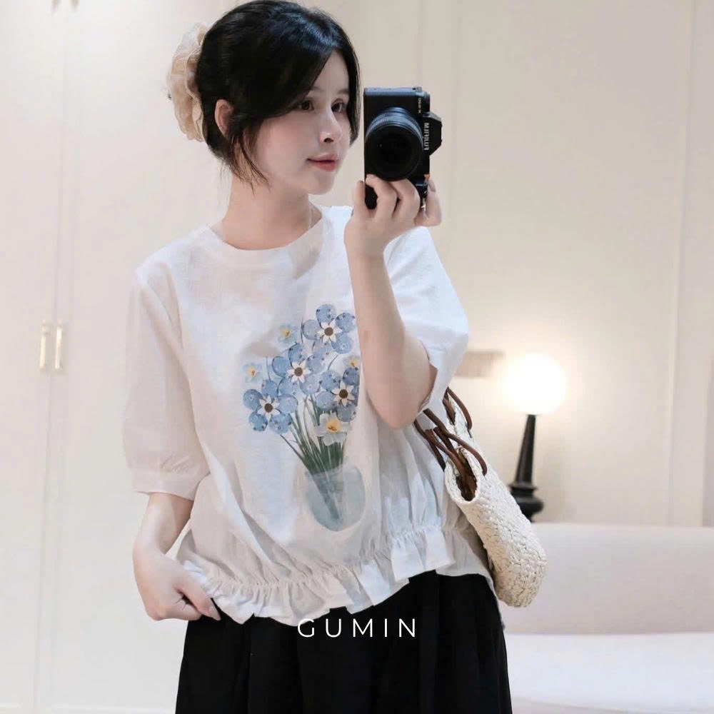 Set bộ nữ hoa xanh GUMIN thiết kế áo thun in hoa viền bèo phối quần bom rộng sang chảnh, Bộ đồ nữ mặc nhà vịntage