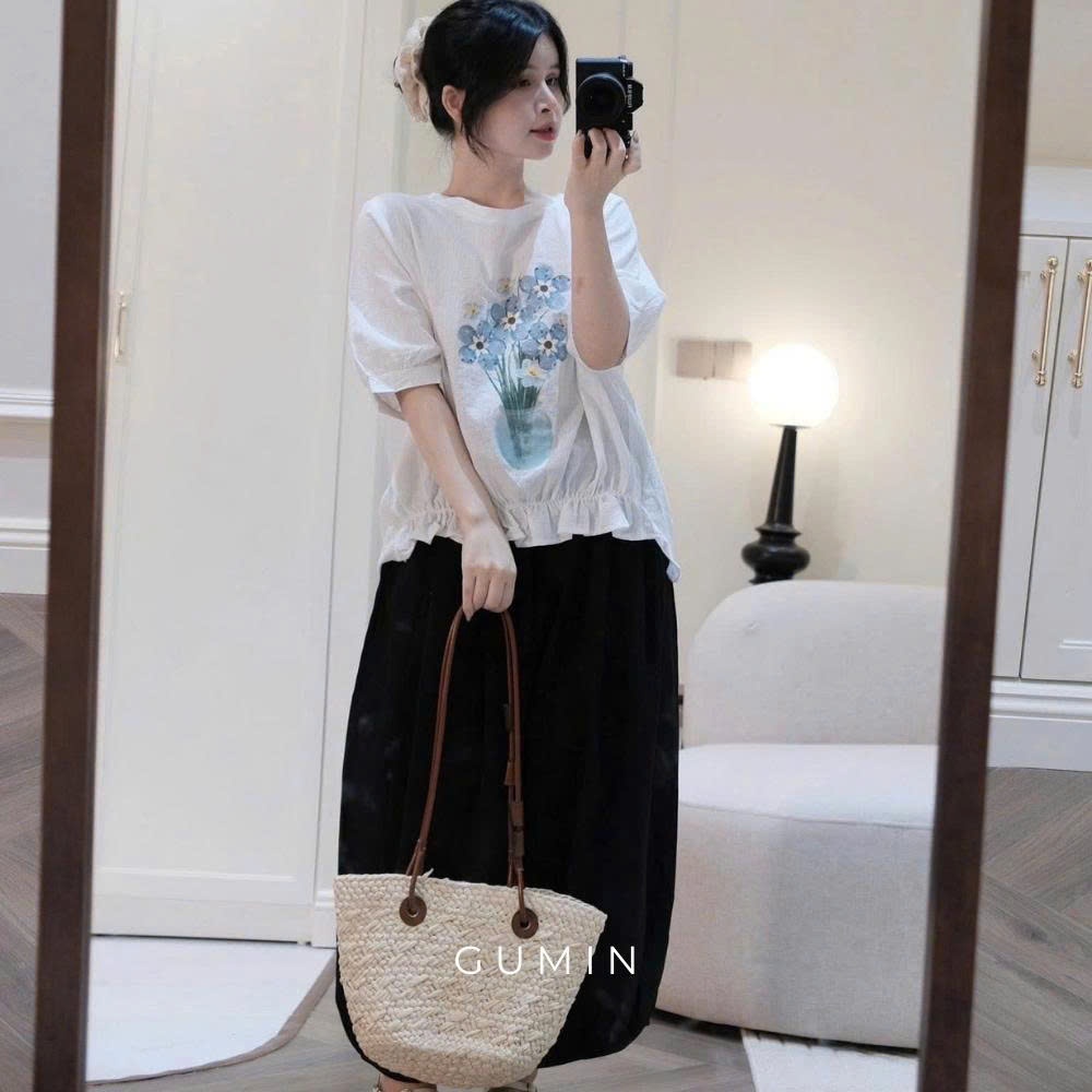 Set bộ nữ hoa xanh GUMIN thiết kế áo thun in hoa viền bèo phối quần bom rộng sang chảnh, Bộ đồ nữ mặc nhà vịntage
