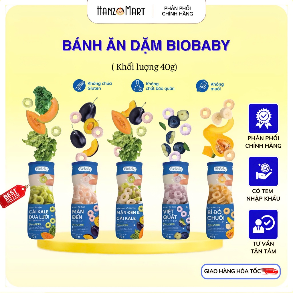 Bánh ăn dặm cho bé BioBaby dạng hũ vị trái cây và rau củ giúp hỗ trợ tiêu hoá cho bé 6 tháng tuổi