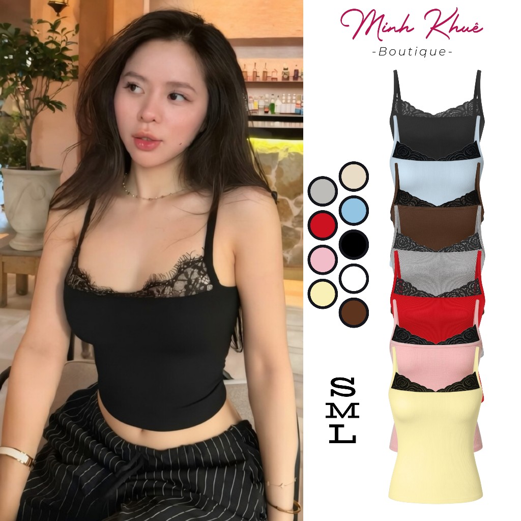 [Mở Bán] Áo Thun Nữ Croptop Hai Dây Ren Chất Thun Gân CR14, 2d Co Giãn, Thoáng Mát Minh Khuê Boutique