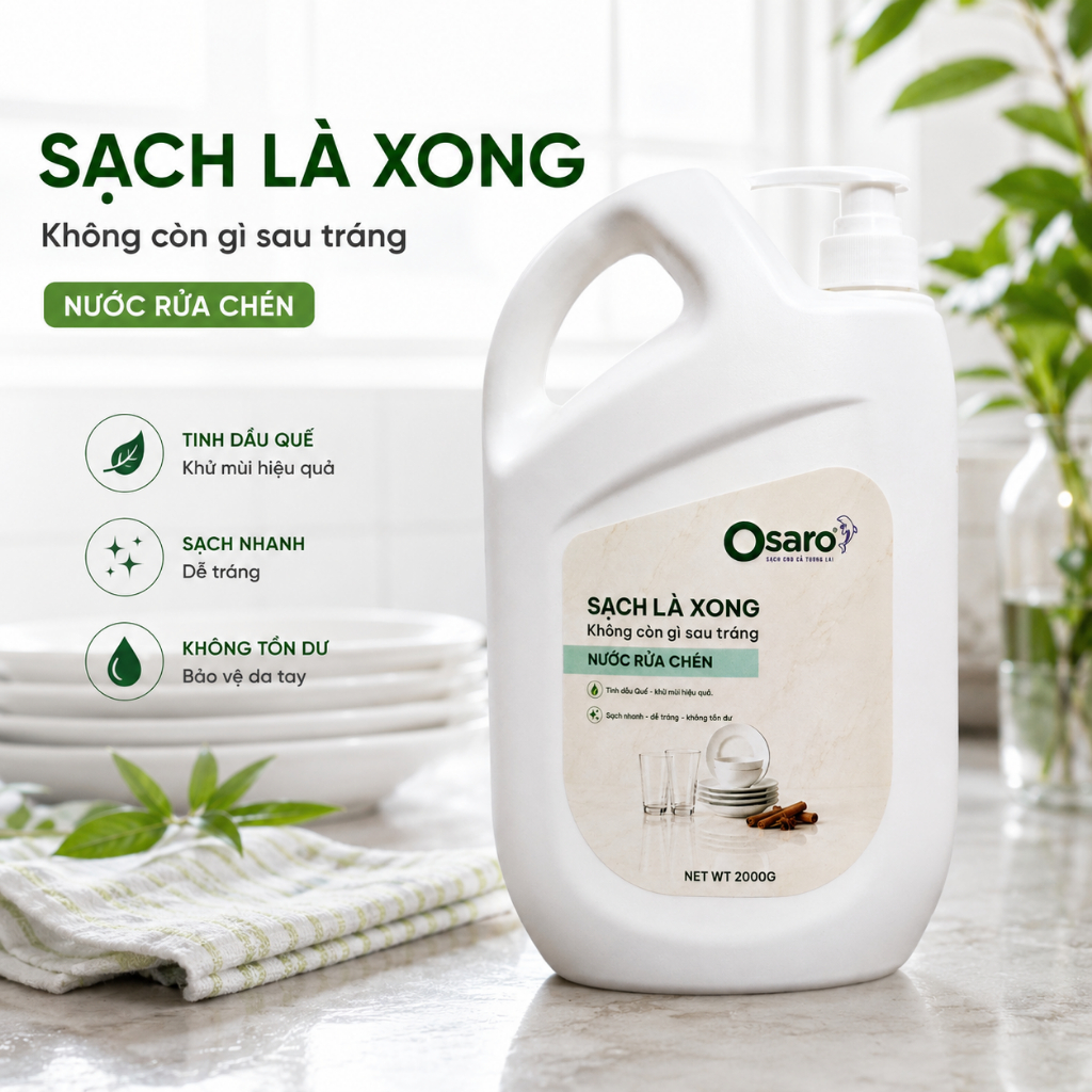 NƯỚC RỬA CHÉN OSARO 2KG – Sạch nhanh dầu mỡ, dễ tráng, hương tinh dầu tự nhiên