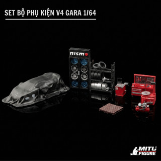 [Full Set] V4 Phụ Tùng Garage oto figure 1/64-Phụ kiện bàn Tools Sửa Chữa,lamborghini phủ bạt,kệ để lốp,tủ để vành xe