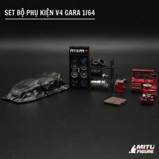 [Full Set] V4 Phụ Tùng Garage oto figure 1/64-Phụ kiện bàn Tools Sửa Chữa,lamborghini phủ bạt,kệ để lốp,tủ để vành xe