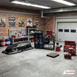 [Full Set] V4 Phụ Tùng Garage oto figure 1/64-Phụ kiện bàn Tools Sửa Chữa,lamborghini phủ bạt,kệ để lốp,tủ để vành xe