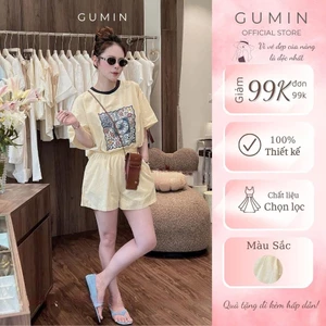 Set bộ đùi vàng chanh GUMIN thiết kế in hoạ tiết sang trọng, Bộ đồ nữ mặc nhà cổ tròn basic nhẹ nhàng thanh lịch