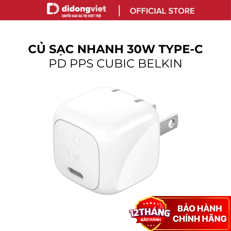 Củ sạc Belkin 30W USB-C Cubic màu trắng